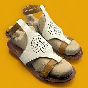 Tory Burch Women's Gladiator White Brown Leather Sandals Summer Preppy Size 9.5